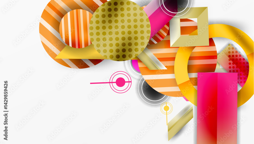 Poster abstract geometric shapes overlap, creating vibrant composition. stripes, circles, rectangles domina