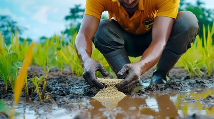 Farmer Planting Rice Seedlings in Paddy Field -  Authentic imagery
