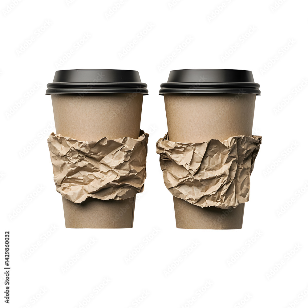 Poster two crumpled disposable paper cups placed at the center of a plain white background creating a simpl