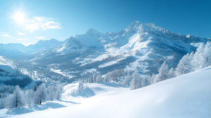 Obraz premium A drone captures the majestic snowy mountains, peaks covered in snow, stretching into the distance, leaving ample copy space above for text, branding, or adventure-themed content. 