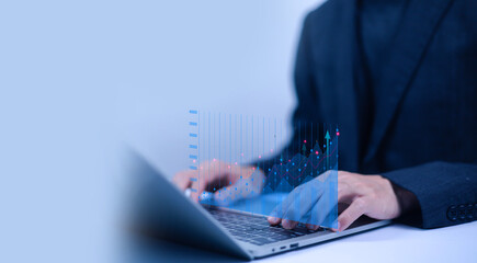 Businessman showing stock market graph, business finance and investment concept, finance, capital, global economic growth, coins, business profit graph, long term investment 