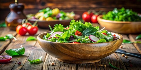 Fresh Green Salad in Bowl on Rustic Wooden Table - Healthy Food Stock Photo