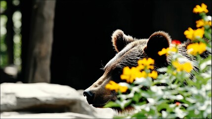 Obraz premium Majestic Grizzly Bear Amidst Yellow Flowers Wildlife Photography