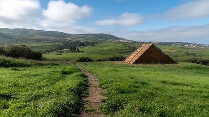 Ancient Pyramid in Lush Green Landscape Path