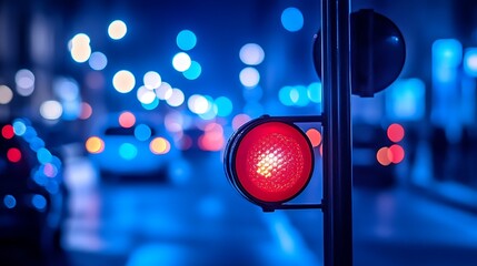 Glowing red traffic light with blurry cars in a night cityscape view
