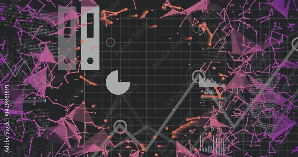 Poster grey pie chart icon rotating centrally, highlighting swirling pink network nodes and ui charts