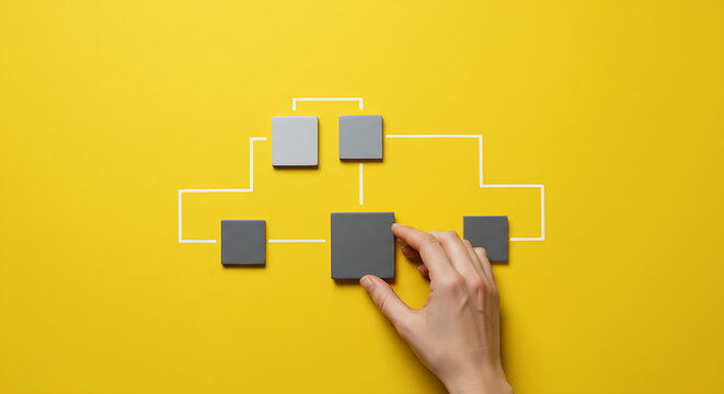 Business process and workflow automation with flowchart. Hand holding wooden cube block arranging processing management on yellow background