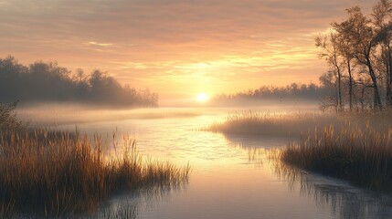 Fototapeta premium Sunrise over a misty lake with tall grass and trees reflecting in the water creating a serene scene