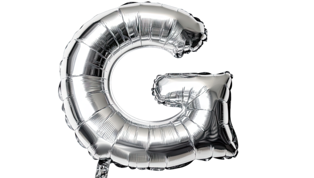 a shiny silver balloon shaped like the letter g is displayed against a plain white background often used for celebrations or events to represent names words or themes