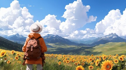 Fototapeta premium Scenic Landscape View of a Hiker in a Sunflower Field with Mountains
