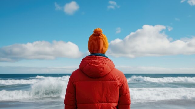 Person in Red Jacket and Orange Beanie Staring at Ocean Waves