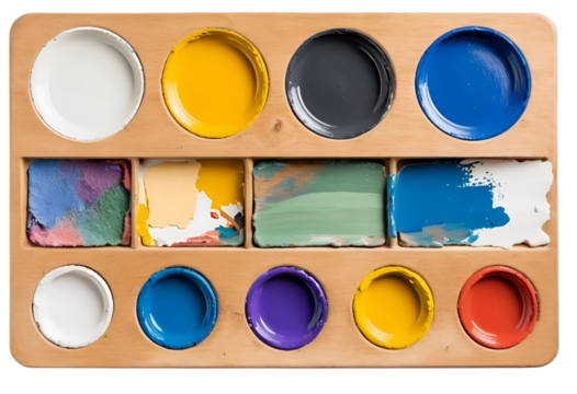 Wooden artist palette with samples of paints isolated on transparent background