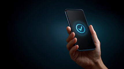 A hand holds a smartphone displaying a glowing blue checkmark, set against a dark, blurred background.