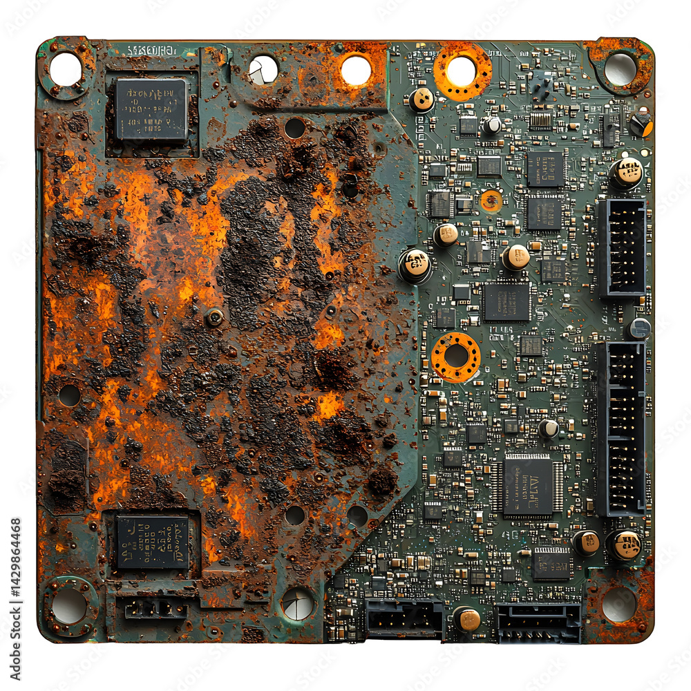 Poster a used computer motherboard with visible wear dust and corrosion marks positioned against a neutral 