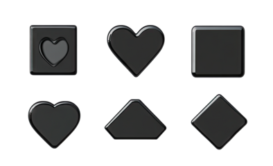 six black geometric shapes including two heart shapes a square a diamond and a pentagon all with a glossy finish ideal for design or graphic resource applications