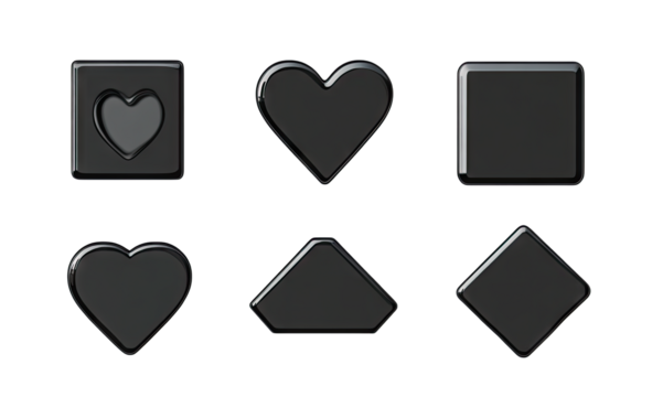 six black geometric shapes including two heart shapes a square a diamond and a pentagon all with a glossy finish ideal for design or graphic resource applications