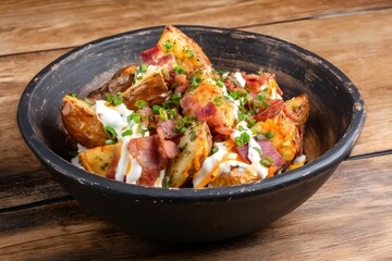 Fototapeta premium Loaded potato skins in rustic bowl with bacon, cheddar cheese, sour cream and chives