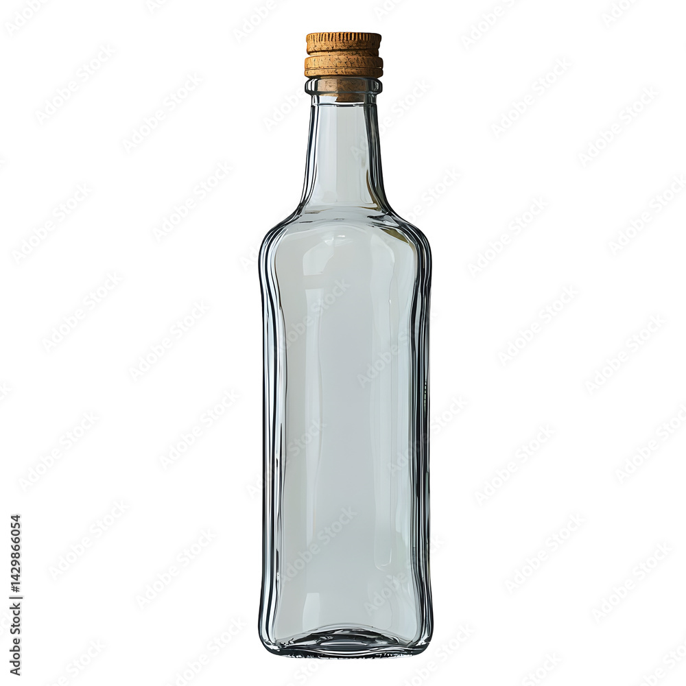 Poster a clear sleek glass bottle with a smooth surface and a cork cap placed against a plain white studio 
