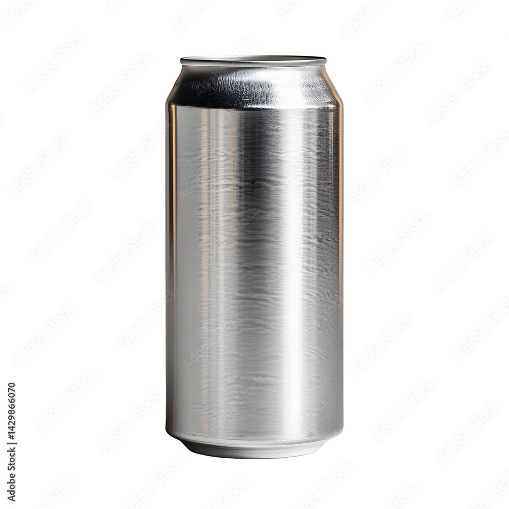 Poster a photograph of an upright empty aluminum soda can centered on a seamless white background with no b