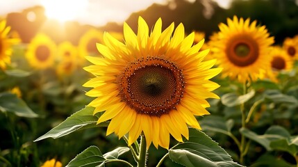 Obraz premium Sunlit Sunflower Field at Sunset - Golden Hour Photography