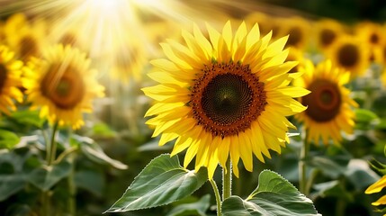 Obraz premium Sunlit Sunflower Field, Summer Bloom - Nature Photography