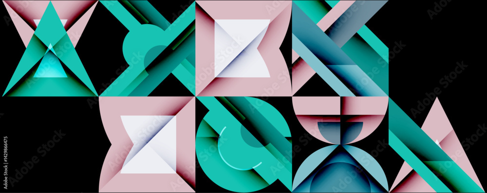 Aufkleber Abstract geometric pattern. Squares, triangles, curves create dynamic composition. Teal, pink hues dominate black background. Modern design.