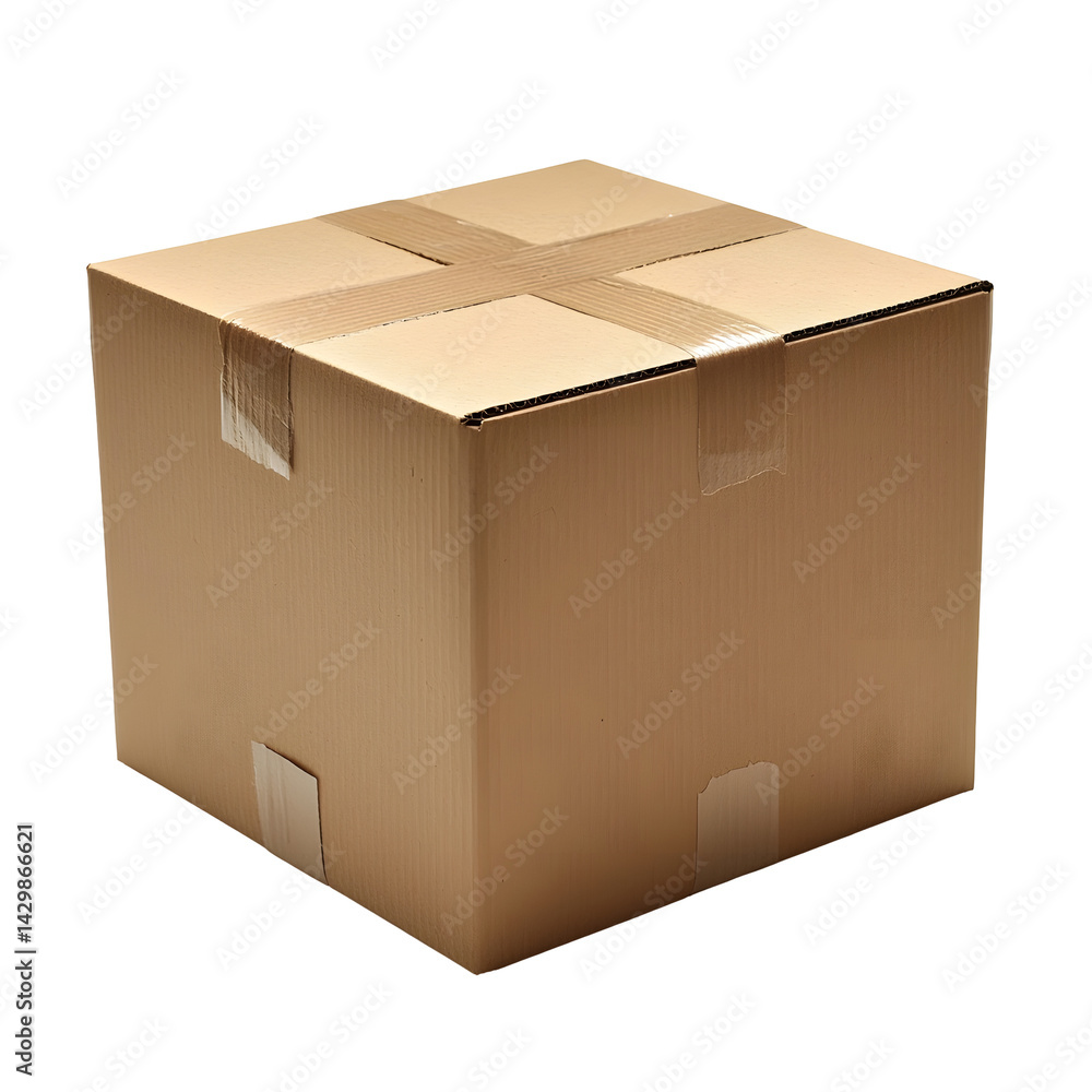 Poster a simple unprinted cardboard box placed centrally on a plain white studio background conveying a min