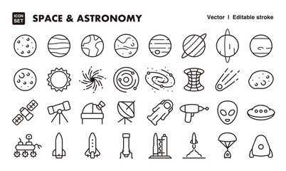 Space and astronomy line icon set. Vector editable stroke icon.