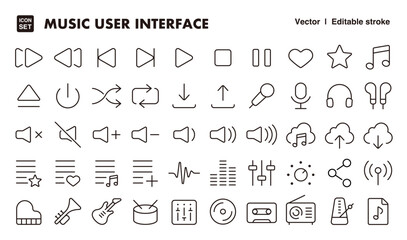 Music and audio user interface line icon set. Vector editable stroke icon.