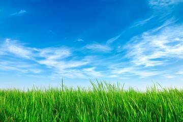 Obraz premium Vivid Green Grass Field under Blue Sky with Cirrus Cloudscape on Sunny Day