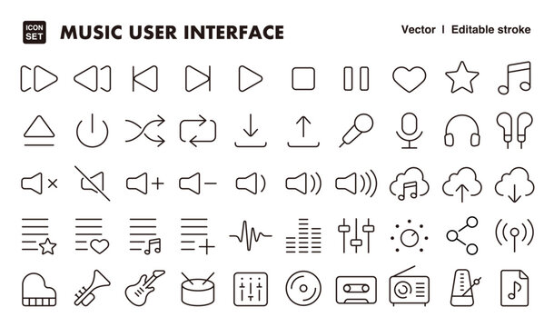 Music and audio user interface line icon set. Vector editable stroke icon.