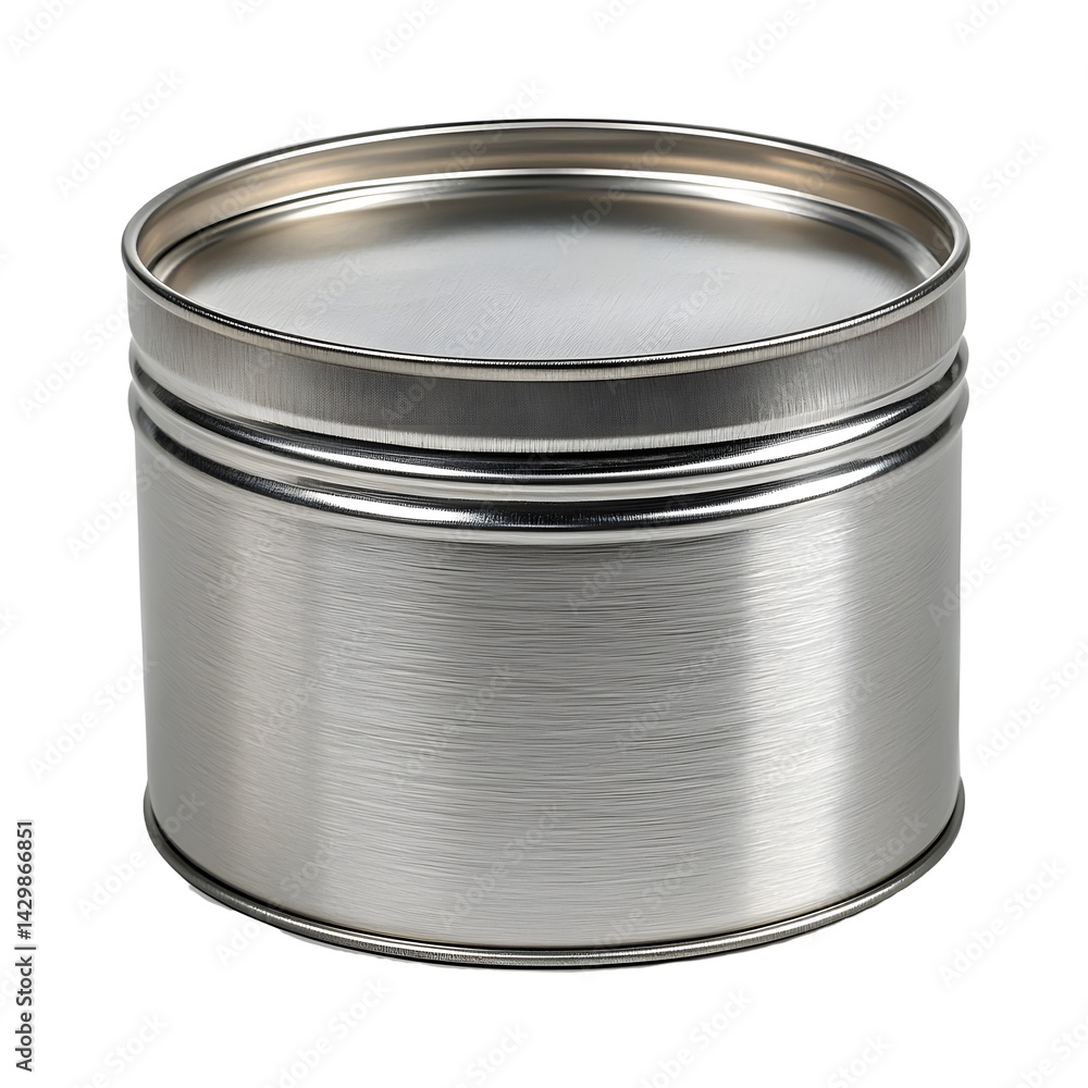Poster a clean seamless metallic tin can in a simple classic design centered on a pure white background sho