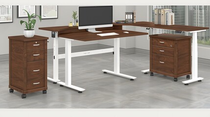 Modern Workspace with Adjustable Standing Desk and Drawer Cabinet Combination