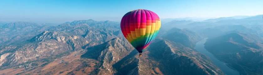 Naklejka premium Colorful Hot Air Balloon Soaring Over Majestic Mountain Landscape