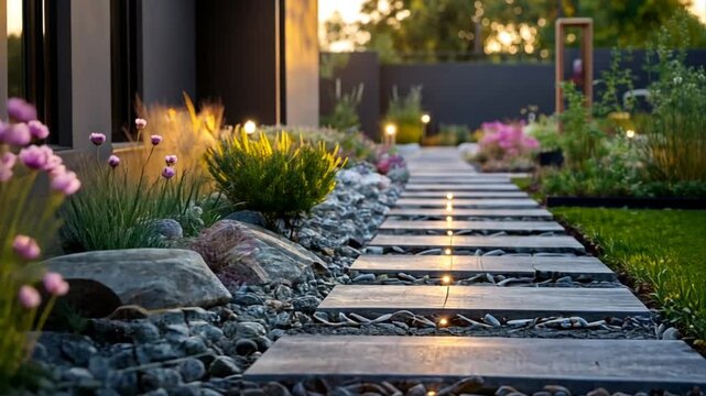 Serene backyard retreat, captivating stone pathway leading through lush flowering plants and subtle lighting
