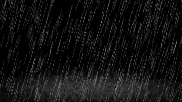 Animated rain background Raindrops splashing on black screen. Isolated Strong raining motion overlay  footage animation.falling  heavy rain drop looping effect backdrop. Heavy rainstorm background.