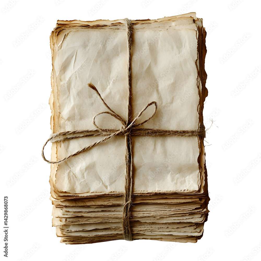 Poster a collection of stacked paper sheets bound together with natural twine or string centered on a clean