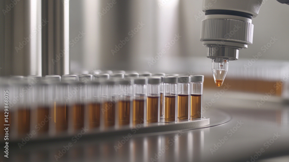 Poster a machine is pouring liquid into small glass bottles. the bottles are lined up on a table. concept o