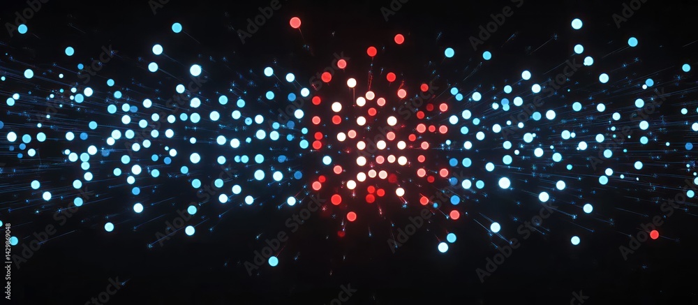 Poster abstract depiction of interconnected nodes and energetic digital flux on a dark backdrop