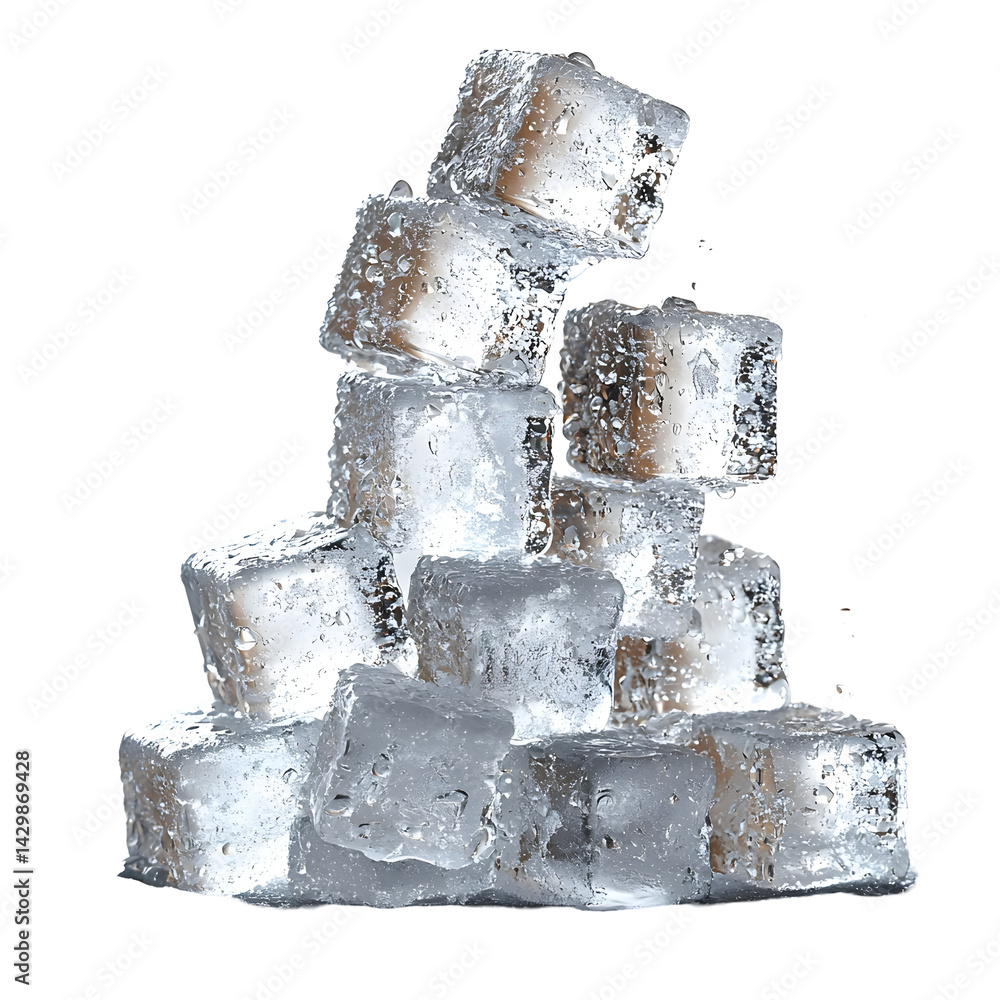 Poster a stack of pristine transparent ice cubes arranged in a minimal geometric formation on a clean white