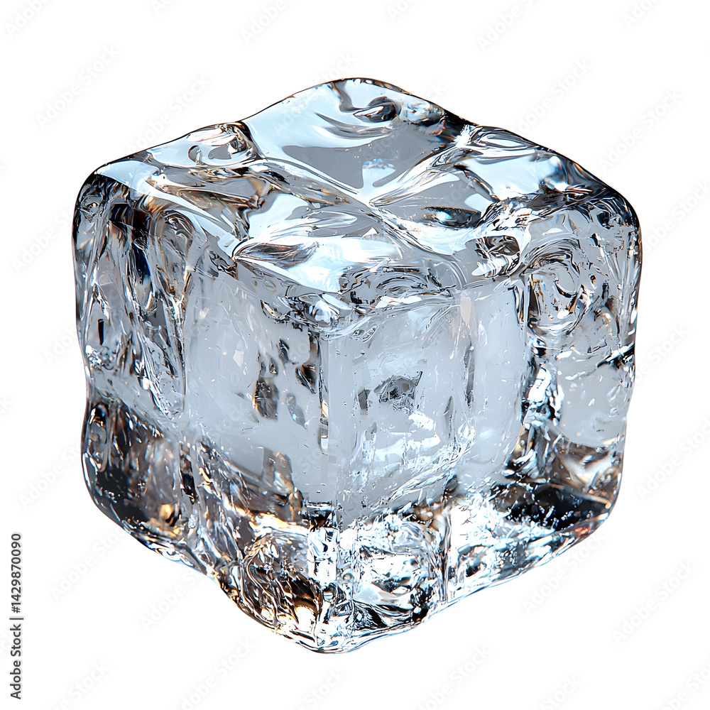 Poster a single perfectly clear and glossy ice cube centered on a pure white background with no visible ref