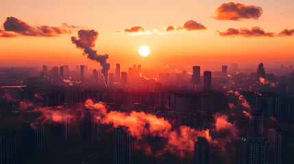 Fototapeta premium City sunrise, smog, orange sky, buildings