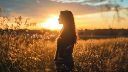 Silhouette of a woman standing in a field at sunset