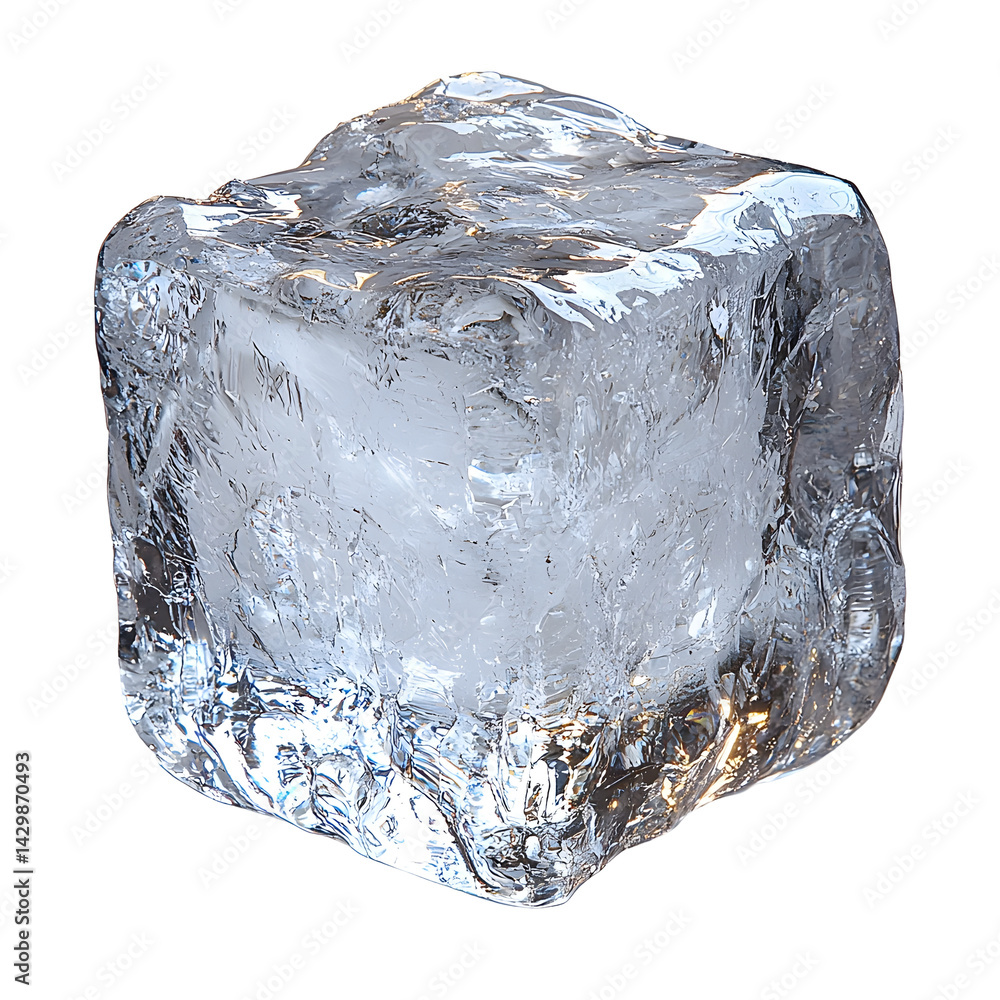 Poster a single clear and glossy ice cube perfectly centered on a clean white background creating a minimal