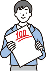 100点のテストを持って笑顔で喜んでいる男子高校生のシンプルな上半身のイラスト素材