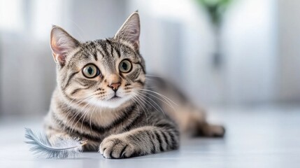 A curious tabby cat lays on a soft surface, watching intently a feather toy nearby in a well-lit indoor setting