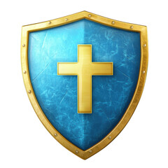 Blue shield with golden cross isolated on transparent background.