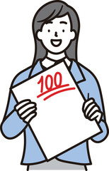 100点のテストを持って笑顔で喜んでいる女子高校生のシンプルな上半身のイラスト素材