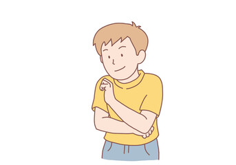 A young man who is a planner is pondering and planning something. Hand drawn style vector design illustrations.