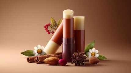 Natural organic lip balms with essential oils, spices, and floral elements set against a warm, earthy backdrop